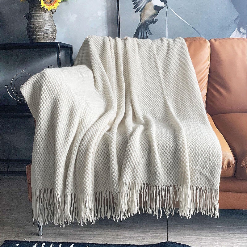 LOMAO Knitted Throw Blanket with Tassels Bubble Textured Lightweight Throws for Couch Cover Home Decor Cream 50x60