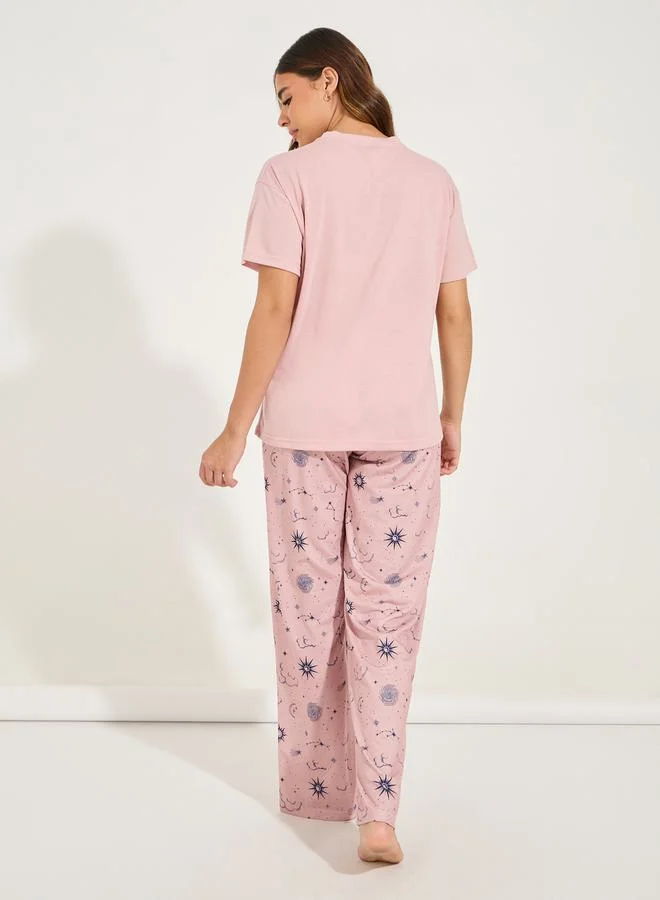 Styli Astrology Print Dropped Shoulder T-Shirt & Pyjama Set