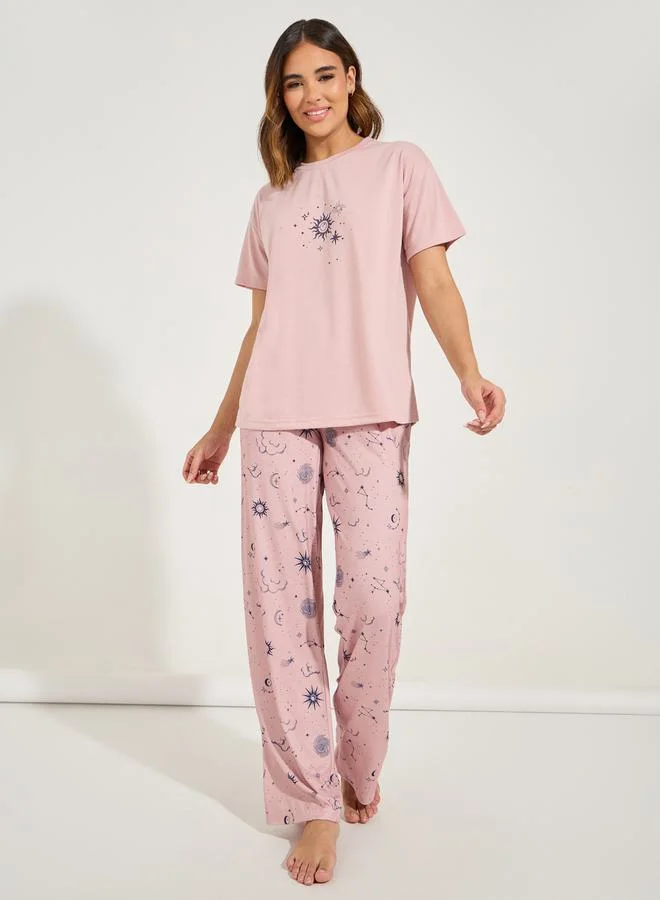 Styli Astrology Print Dropped Shoulder T-Shirt & Pyjama Set