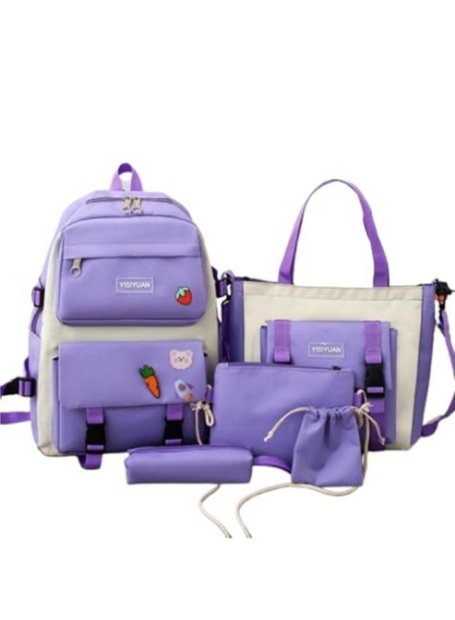 GGEROU Kids Cute Backpack Set for School, 5Pcs Kwaii School Bag Large-capacity, Girls Boys Back to School Book Bag Backpack Purple - Image 1