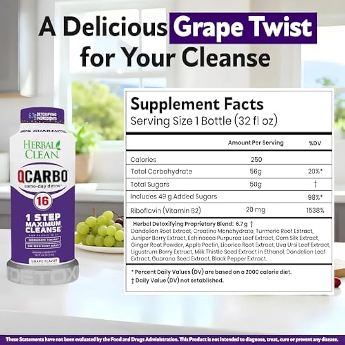 Herbal Clean Qcarbo16 Same-Day Detox Cleanse Drink (16 fl oz) - Grape Flavor Full Body Cleanse* Detox Drink for Moderate Toxin Level*, Vitamin B2 and Vitamin B12 for Men & Women - Image 3