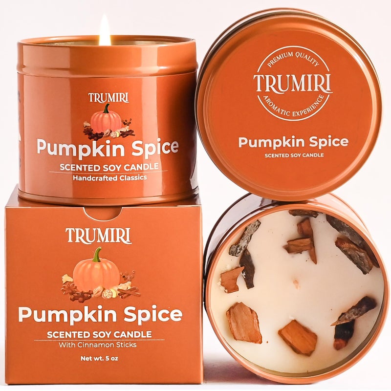 Pumpkin Spice Cinnamon Soy Candles for Home Scented for Fall Halloween Thanksgiving Holidays 5oz Natural Clean Non Toxic Long Lasting Highly Scented Pet Safe Luxury Tin with Essential Oils