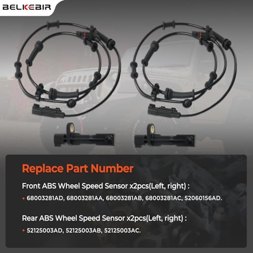 BELKEBIR 4PCS ABS Wheel Speed Sensor Front & Rear, Left & Right Compatible with 2007-2011 Jeep Wrangler 3.8L, 2012-2017 Jeep Wrangler 3.6L Replace 68003281AA, 68003281AB, 52125003AD, 52125003AB, 52125003AC - Image 3