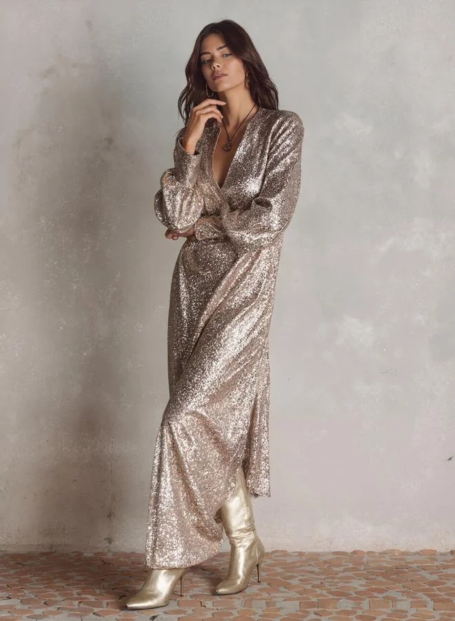تايك تو Sequined Maxi Dress with Balloon Sleeves