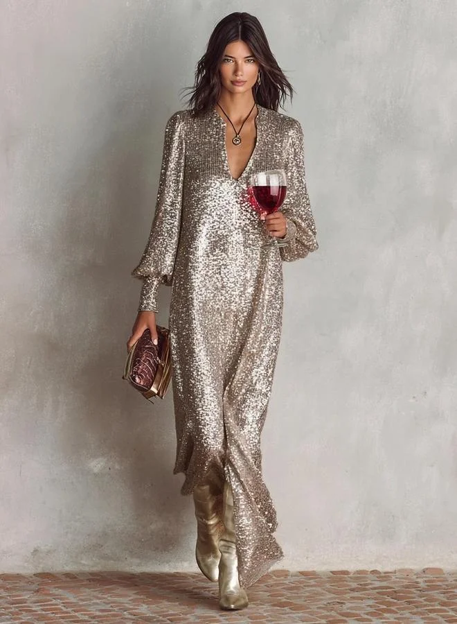 تايك تو Sequined Maxi Dress with Balloon Sleeves