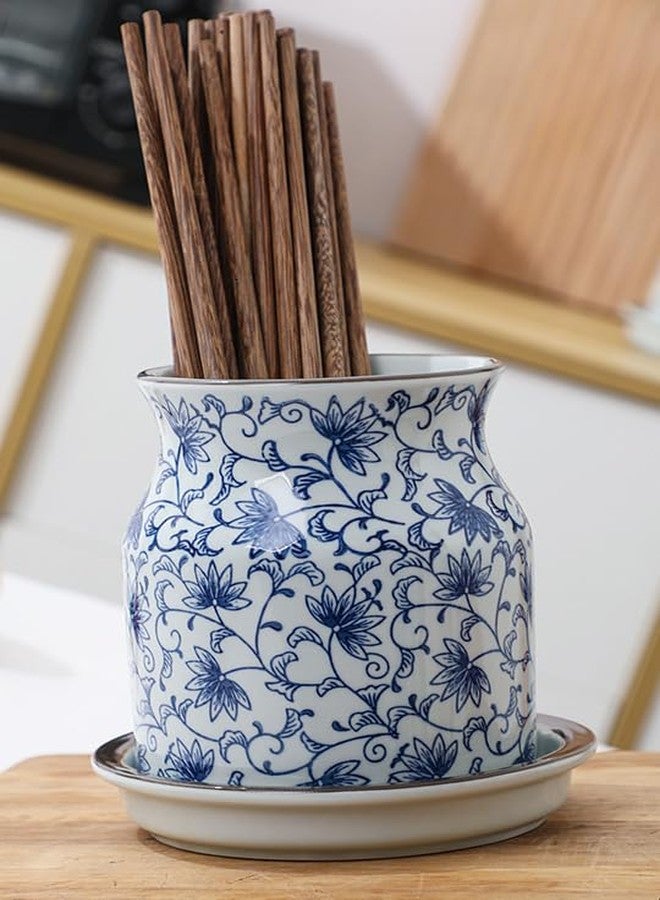 123Arts حامل أدوات مطبخ من السيراميك من 123Arts، وعاء أدوات مطبخ أزرق وأبيض مع صينية، ديكور على شكل حيوان لتخزين أدوات المطبخ - Image 3