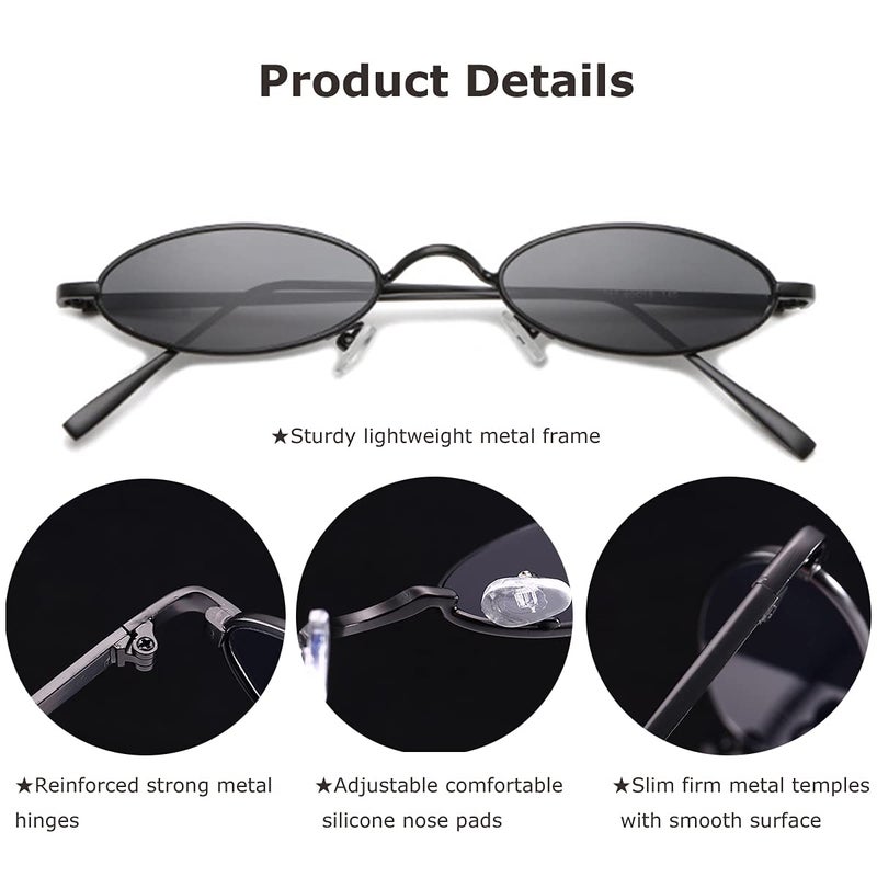 Armear Vintage Oval Sunglasses Small Narrow Round Metal Frame Hippie Glasses Black - Image 5
