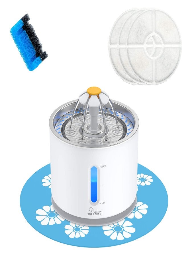 Wonder Creature نافورة مياه للقطط من وندر كريتشر، مصنوعة من الفولاذ المقاوم للصدأ، سعة 2.4 لتر (81 أونصة)، مزودة بنافذة لمستوى الماء ومؤشر LED للتنبيه بنقص الماء، مناسبة للقطط والكلاب، مع 3 فلاتر وحصيرة واحدة. - Image 1