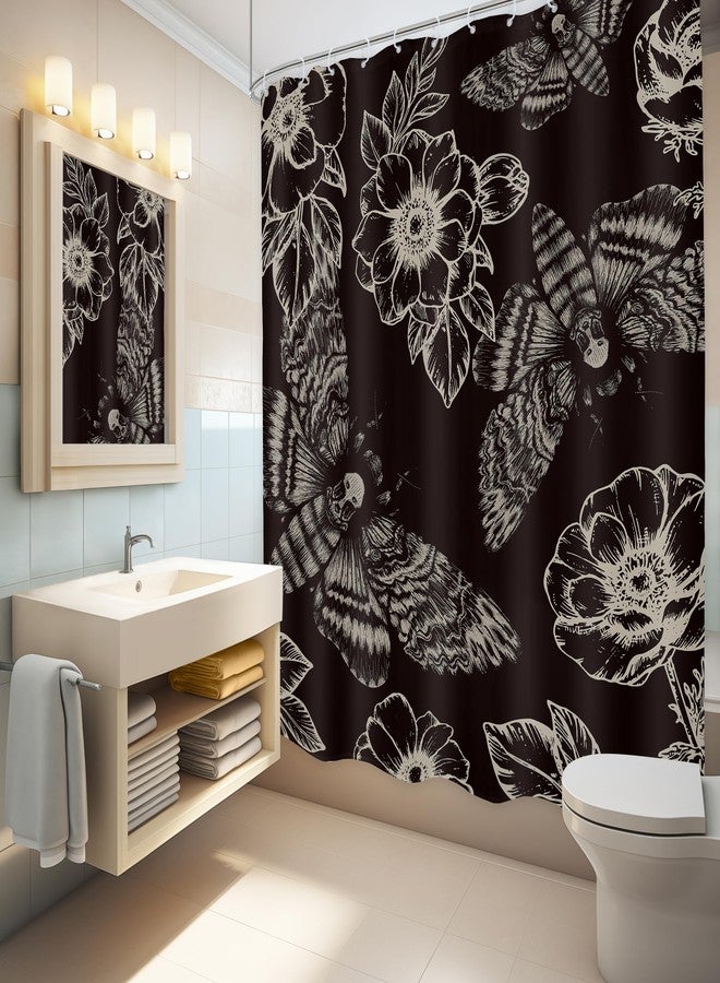LGhtyro Gothic Skull Moth Halloween Shower Curtain Bathroom Set 60Wx71H Inches Witchy Scary Black Flower Death Head Mysterious Butterflys Bath Accessories Men Art Home Decor Fabric 12 Pack Hooks - Image 4