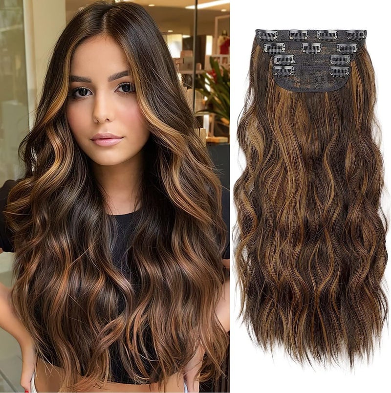 Brown Hair Extensions Clip in 20 Inches Long Synthetic Curly Clip in Hair Extension for Women and Girls Dark Brown with Mix Light Brown Highlights 4pcs