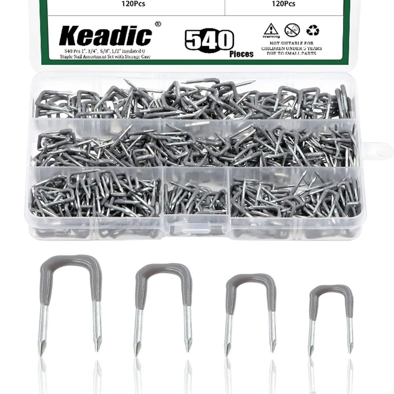 كياديك Keadic 540 قطعة 0.56 بوصة، 0.44 بوصة، 0.41 بوصة، 0.36 بوصة مجموعة دبابيس U معزولة بأحجام متنوعة مع علبة تخزين، دبابيس الكابلات الكهربائية مشبك كابل معدني مع حامل سلك دبوس بلاستيكي لتثبيت الأسلاك والكابلات - Image 1