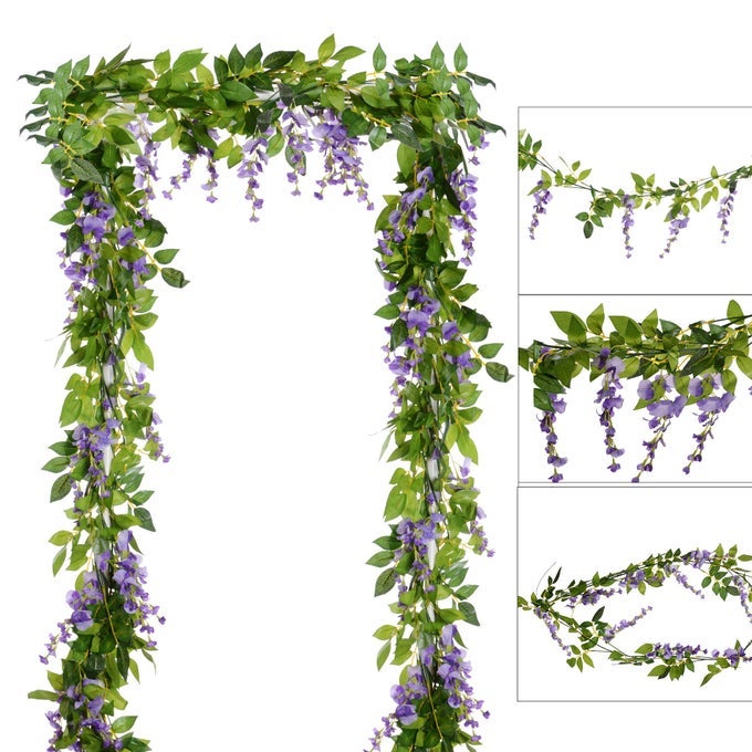 4PCS 66FTPIECE ARTIFICIAL FLOWERS SILK WISTERIA GARLAND ARTIFICIAL WISTERIA VINE RATTAN SILK HANGING FLOWER FOR HOME GARDEN OUTDOOR CEREMONY WEDDING ARCH FLORAL DECORLIGHT PURPLE