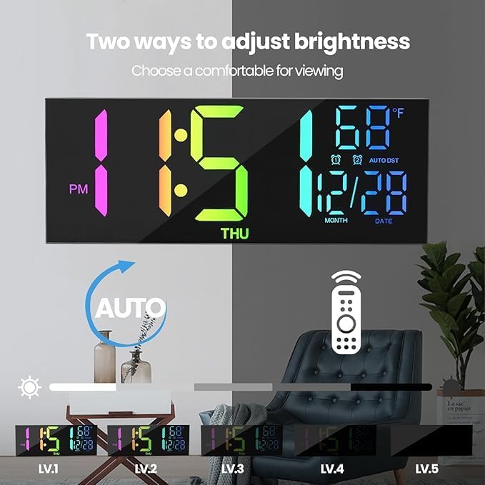 S SMITEX Smitex Digital Wall Clock Large Display 16 with Remote Control for Living Room Gym Shop Warehouse Office Garage Decor Auto Brightness Dimmer with Date Week Temp Rainbow - Image 4