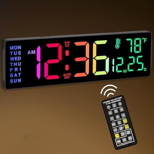 S SMITEX Smitex Digital Wall Clock Large Display 16 with Remote Control for Living Room Gym Shop Warehouse Office Garage Decor Auto Brightness Dimmer with Date Week Temp Rainbow - Image 1