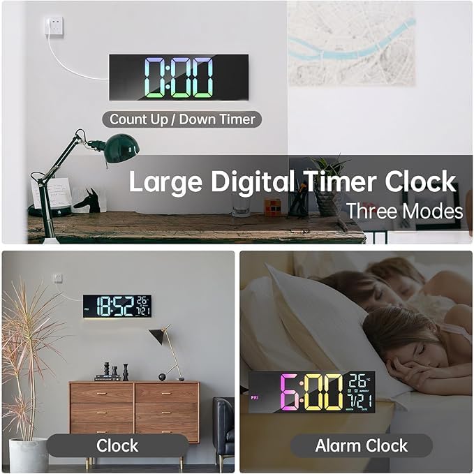 S SMITEX Smitex Digital Wall Clock Large Display 16 with Remote Control for Living Room Gym Shop Warehouse Office Garage Decor Auto Brightness Dimmer with Date Week Temp Rainbow - Image 5