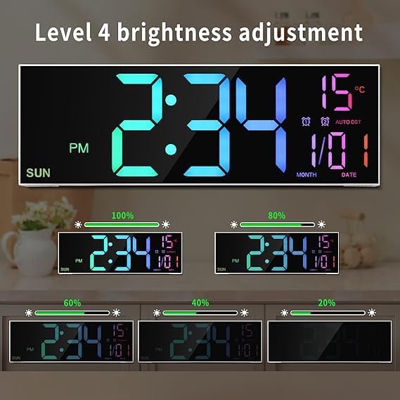 S SMITEX Smitex Digital Wall Clock Large Display 16 with Remote Control for Living Room Gym Shop Warehouse Office Garage Decor Auto Brightness Dimmer with Date Week Temp Rainbow - Image 3