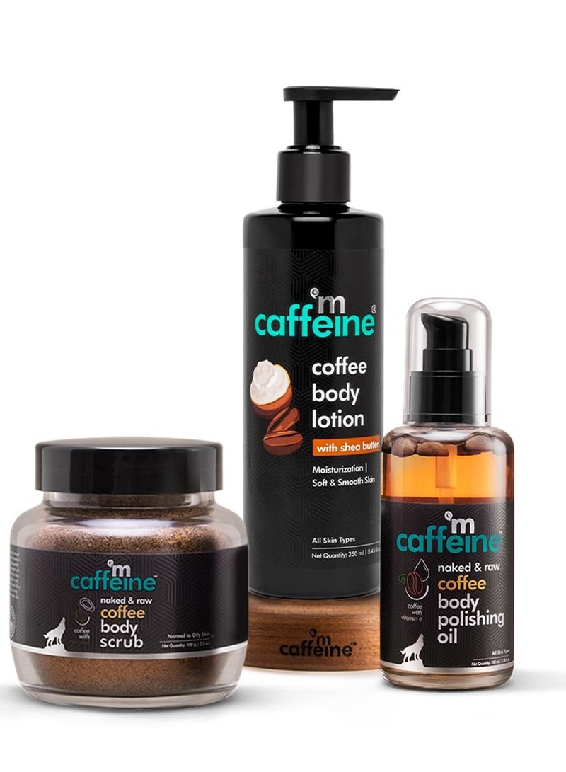 إم كافيين مجموعة تفتيح وتلميع الجسم بالقهوة من إم كافيين | مغذي؛ مزيل للاسمرار؛ مرطب | زيت للجسم ١٠٠ مل؛ مقشر للجسم ١٠٠ غرام؛ لوشن للجسم ٢٠٠ مل | خالٍ من البارابين والزيوت المعدنية | للبشرة العادية/الدهنية - Image 1