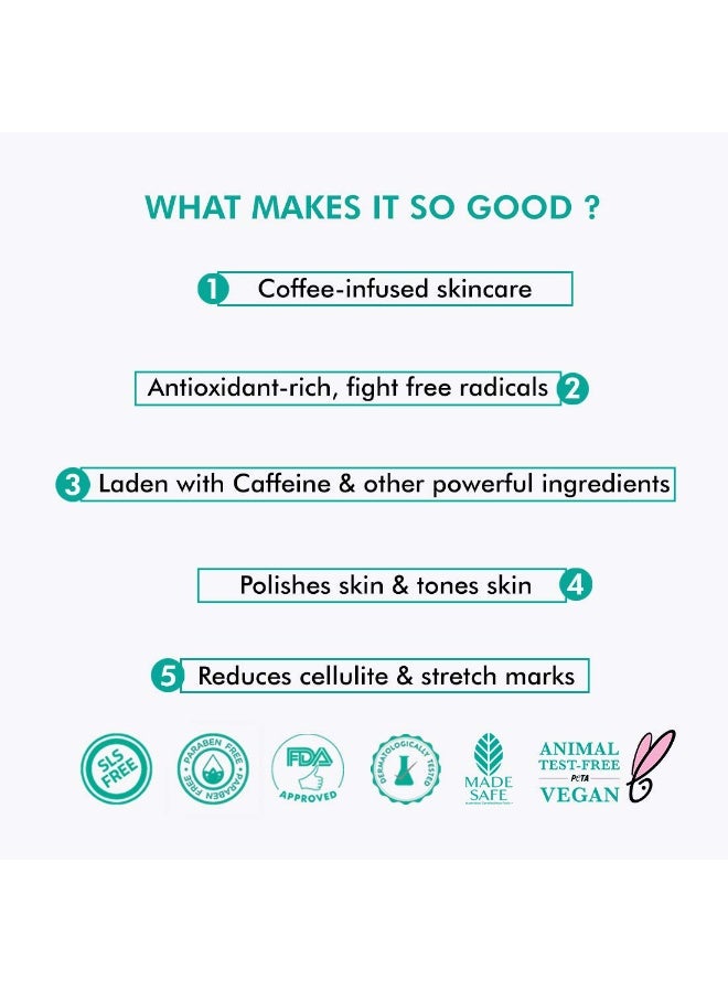 إم كافيين مجموعة تفتيح وتلميع الجسم بالقهوة من إم كافيين | مغذي؛ مزيل للاسمرار؛ مرطب | زيت للجسم ١٠٠ مل؛ مقشر للجسم ١٠٠ غرام؛ لوشن للجسم ٢٠٠ مل | خالٍ من البارابين والزيوت المعدنية | للبشرة العادية/الدهنية - Image 3