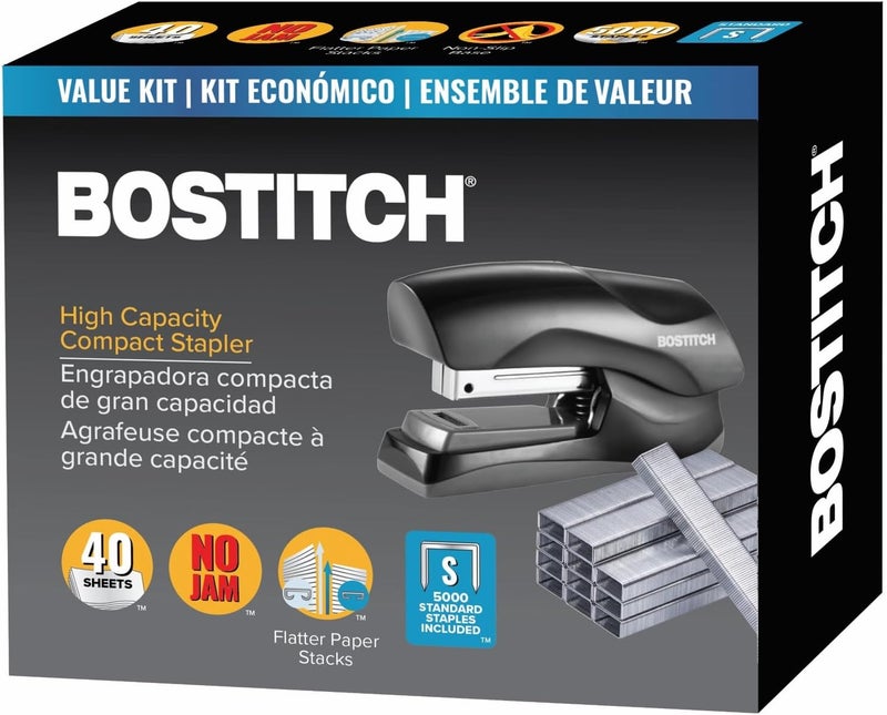 Bostitch Office Heavy Duty 40 Sheet Stapler with 1250 Staples & Claw Remover, Small Stapler Size, Fits into The Palm of Your Hand, Value Pack, Red (B175-BLK-VP) - Image 1
