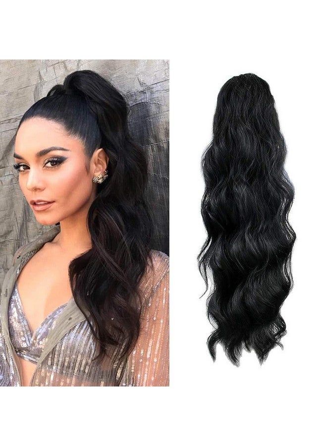 KETHBE 24 Inch Long Body Wave Ponytail Hair Extension Synthetic Heat Resistant Wrap Around Drawstring Curly Wavy Ponytail Hairpieces For Women(Black)  - Image 1
