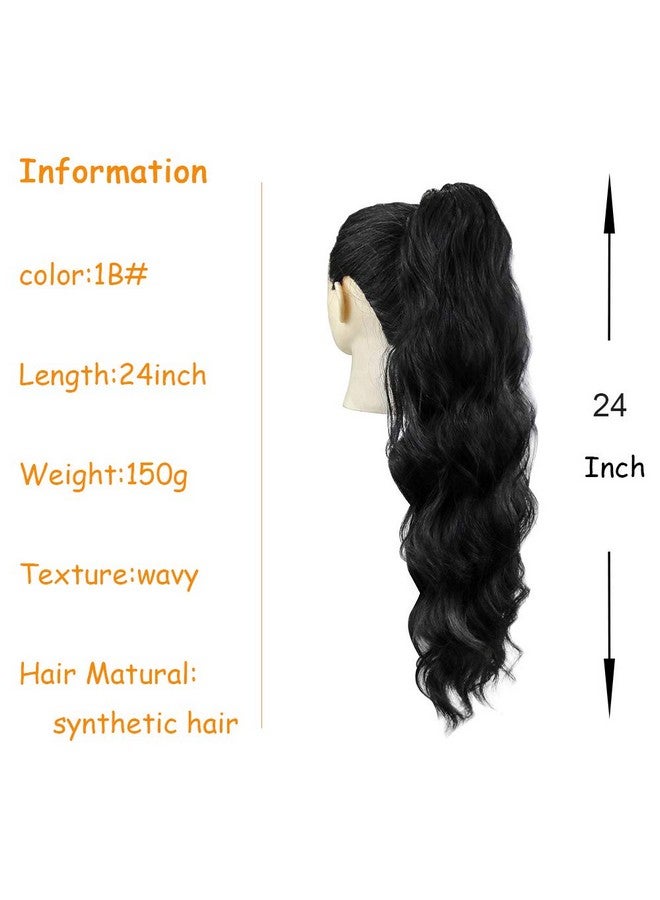 KETHBE 24 Inch Long Body Wave Ponytail Hair Extension Synthetic Heat Resistant Wrap Around Drawstring Curly Wavy Ponytail Hairpieces For Women(Black)  - Image 2