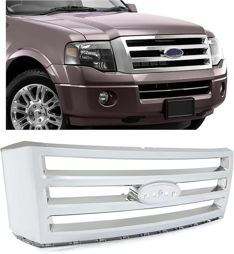 HECASA Front Grille Compatible with 2007-2014 Ford Expedition - Silvery ABS Plastic Chrome Replacement - Image 1