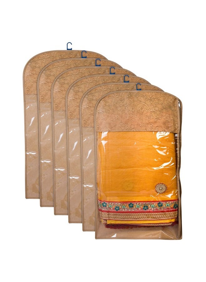 Kuber Industries Kuber Industries Non-Woven Hanging Saree Cover For Clothes Storage|Non Woven Flower Pattern Wardrobe Organizer With Transparent Window|Pack Of 6 (Cream)  - Image 1