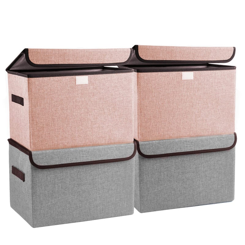 Bagnizer Linen Fabric Foldable Storage Cube Bin Organizer Basket with FlipTop Lid  Handles Large Clothes Blanket Box for Home Office Closet Gray  Pink 4 Pack 146 x 95 x 95