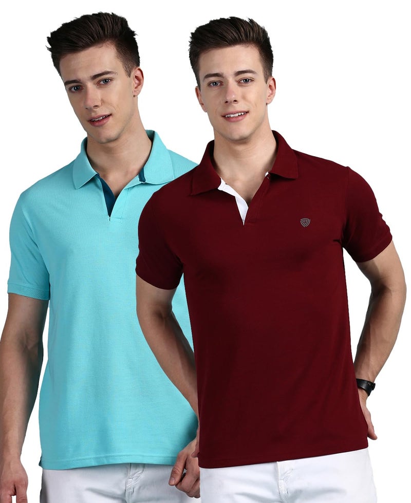 Lux Cozi Men's Pack of 2 Pool Blue and Maroon Regular Fit Polo Neck Half Sleeve Soild Casual T-Shirt (Size : 100cm) - Image 1