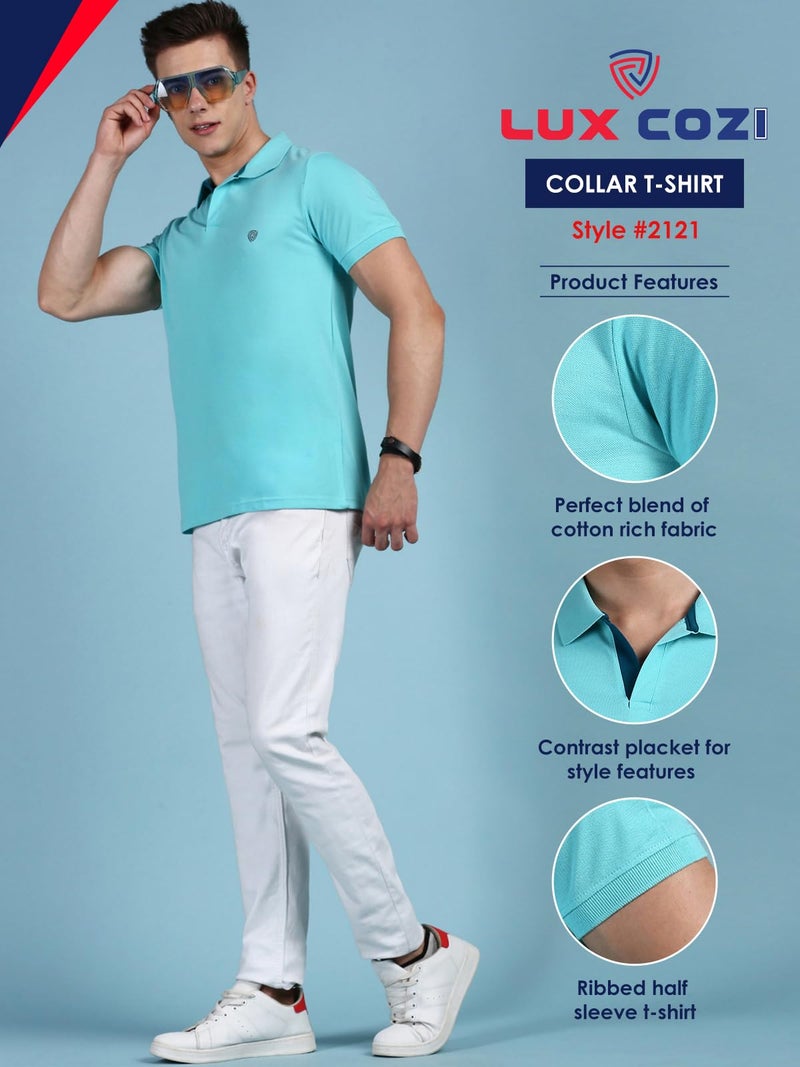 Lux Cozi Men's Pack of 2 Pool Blue and Maroon Regular Fit Polo Neck Half Sleeve Soild Casual T-Shirt (Size : 100cm) - Image 2