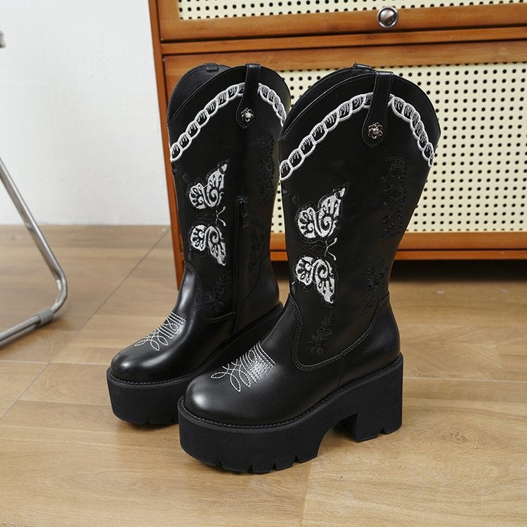 2024 European and American New All-match Butterfly Embroidered Western Cowboy Boots Thick Heel Thick Bottom Sleeve Fashion Knight Boots Women - Image 1