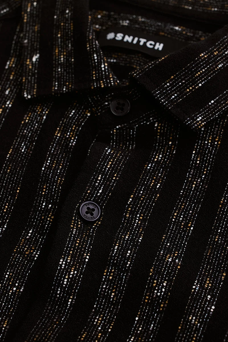 SNITCH Black Self Stripe Slim Fit Shirt