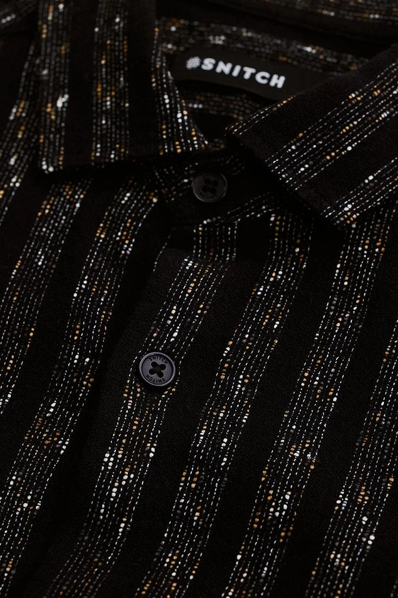 SNITCH Black Self Stripe Slim Fit Shirt