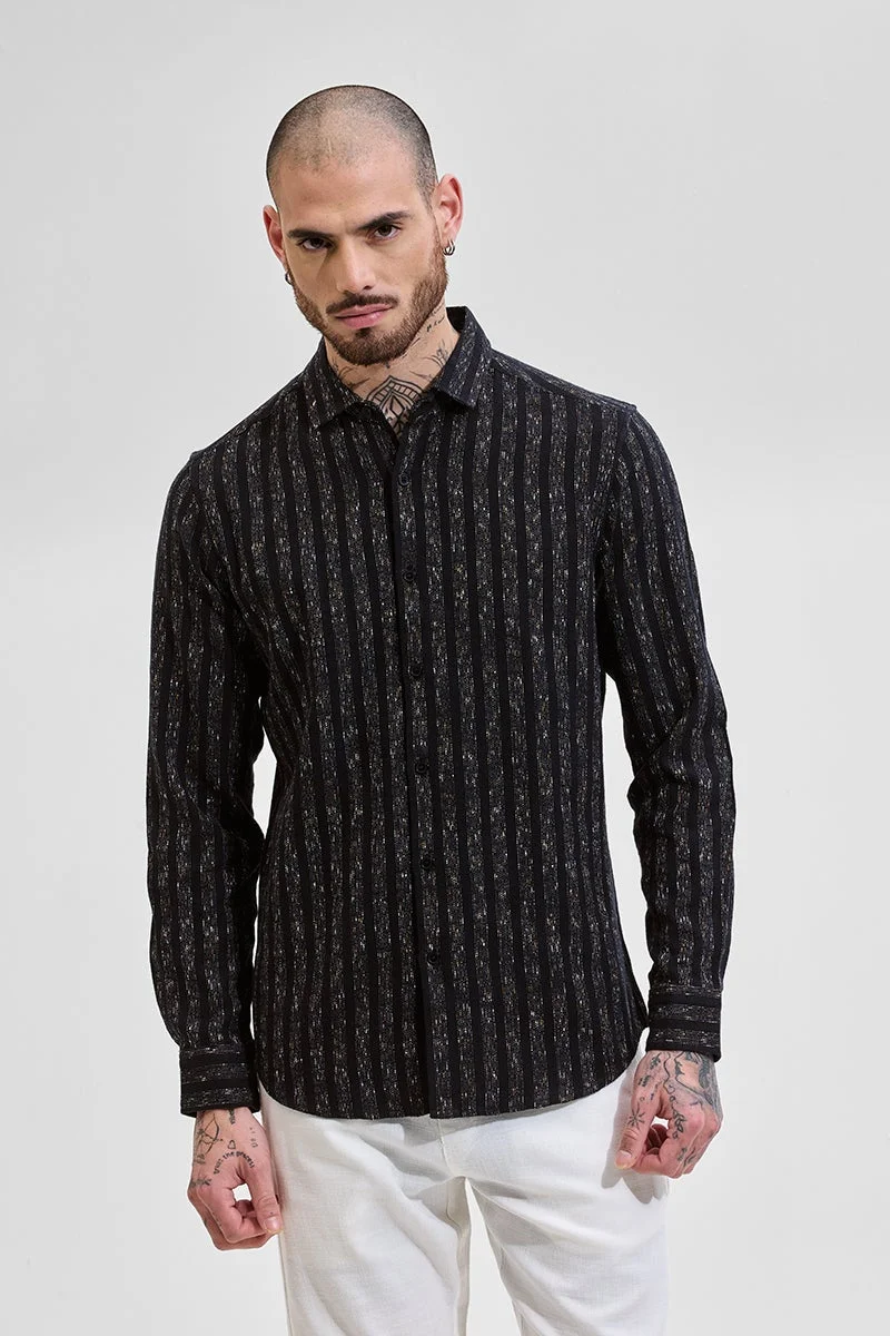 SNITCH Black Self Stripe Slim Fit Shirt