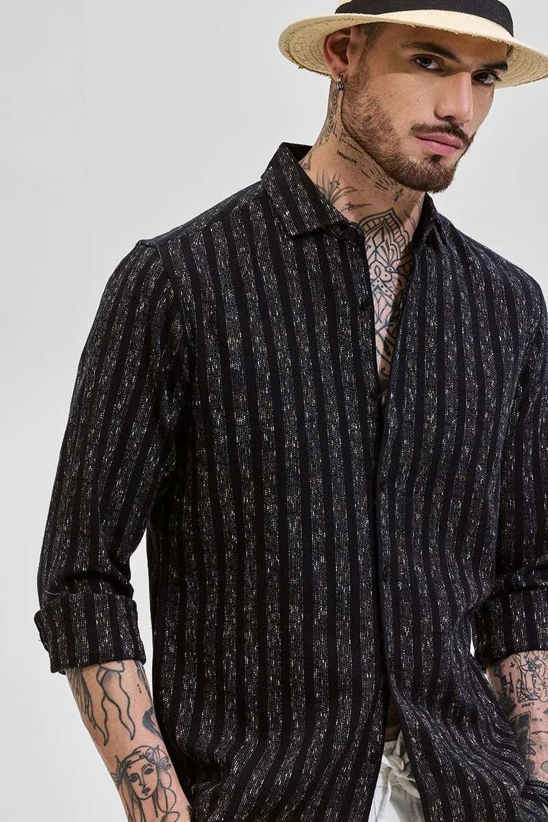 SNITCH Black Self Stripe Slim Fit Shirt