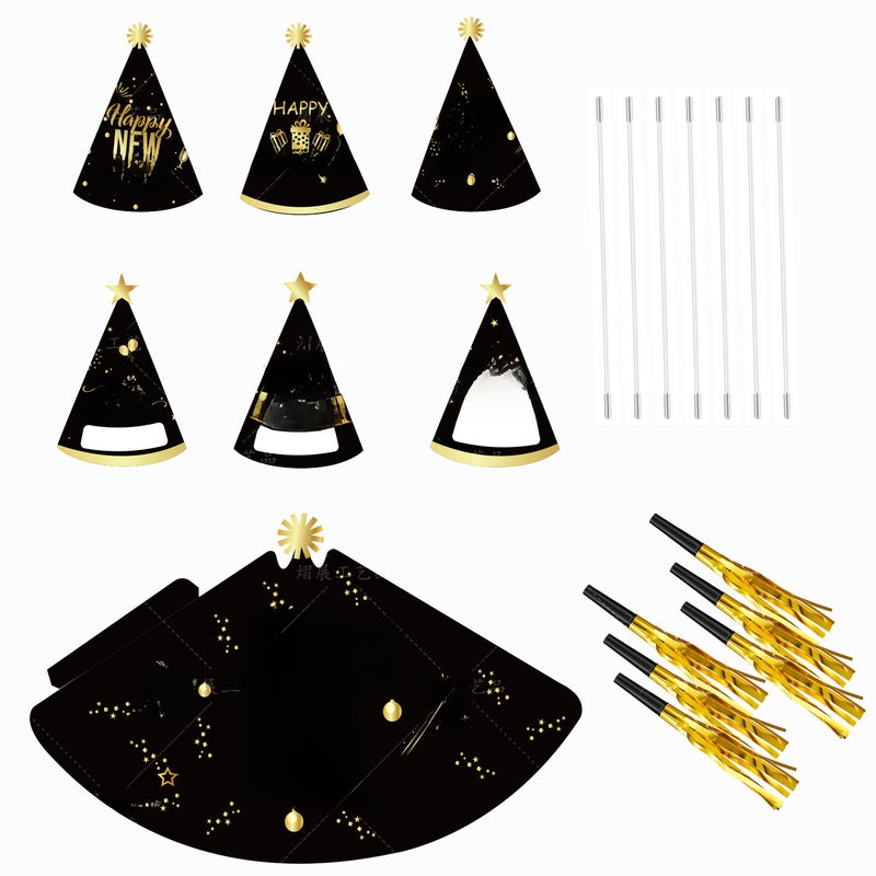 2024 New Year Black Gold Party Cone Hats for Kids 24 