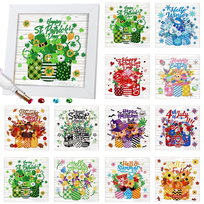 Trandraft 13 Pcs Interchangeable Holiday Small Diamond Art Kits for Adults 5D Seasonal Diamond Painting Calendar 2026 with Frame for Holiday Table Decor Art Craft Gift(Mason Jar) - Image 1