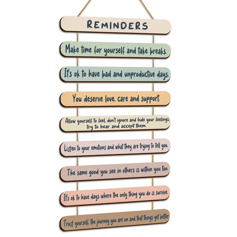 Yookeer Mental Health Reminders Wall Decors Wooden Hanging Art Counseling Room Decor Positive Psychology Affirmations Feelings Pediments for Home Counseling OfficeBright ColorEnglish Style