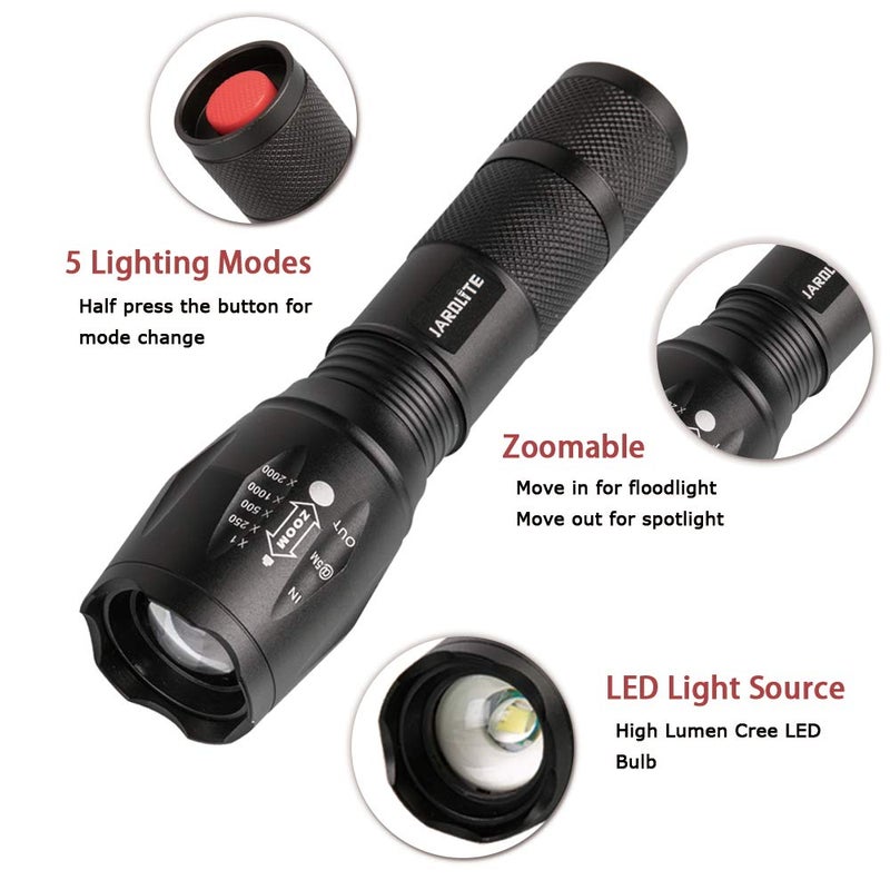 JARDLITE 8 Pack LED Emergency Handheld Flashlight, Adjustable Focus, Water Resistant with 5 Modes, Best Tactical Torch for Hurricane, Camping, Dog Walking - Image 4