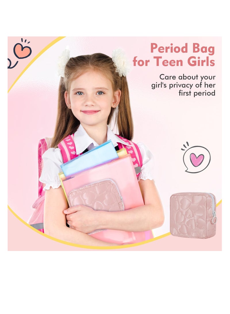 Excefore Sanitary Napkin Storage Bag, 2 PCS Soft PU Leather Heart Period Bag with Zipper, Menstrual Cup Pouch, Tampon Bags, Portable Reusable Period Kit Bag for Girls Women, Cosmetic Bag, Pink/Black  - Image 2