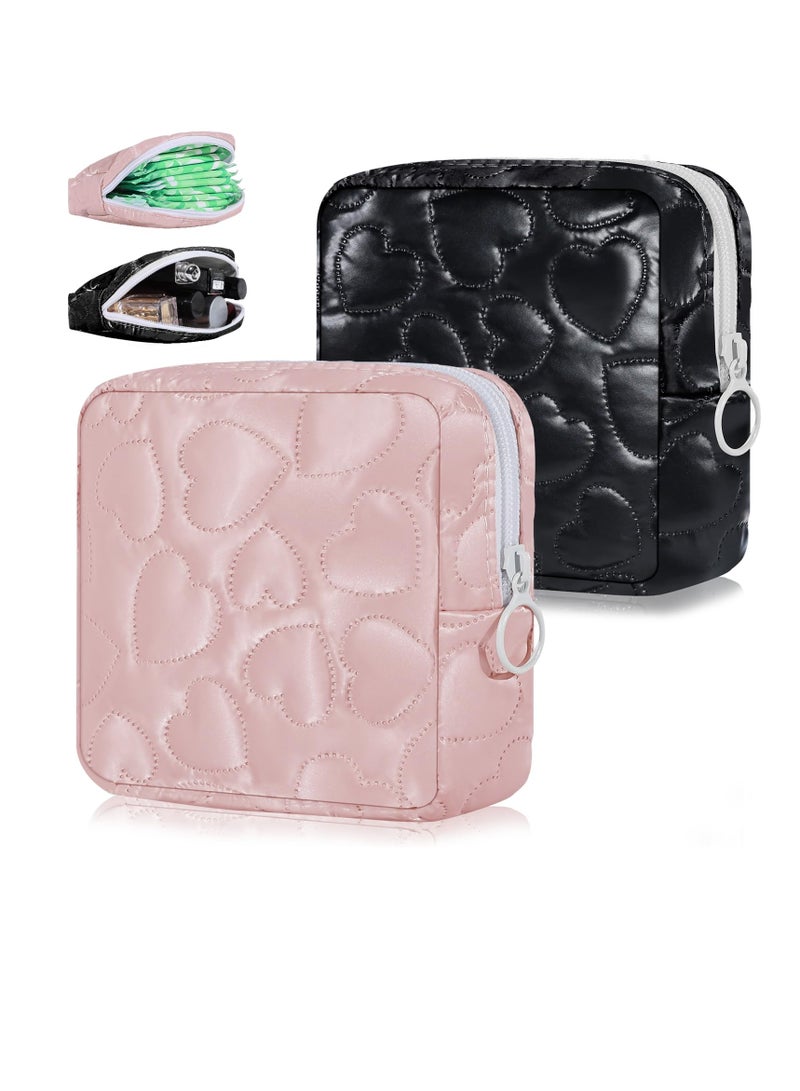 Excefore Sanitary Napkin Storage Bag, 2 PCS Soft PU Leather Heart Period Bag with Zipper, Menstrual Cup Pouch, Tampon Bags, Portable Reusable Period Kit Bag for Girls Women, Cosmetic Bag, Pink/Black  - Image 1