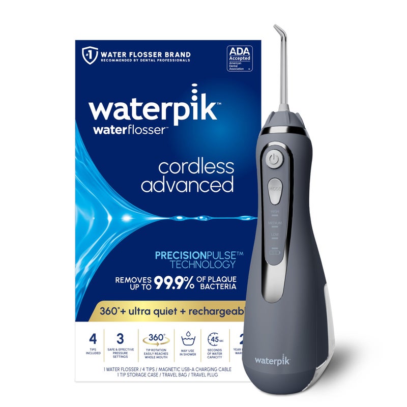Waterpik جهاز تنظيف الأسنان بالماء اللاسلكي المتقدم 2.0 من ووتر بيك، لتنظيف الأسنان واللثة وتقويم الأسنان، مع حقيبة سفر و4 رؤوس، معتمد من ADA، قابل لإعادة الشحن، محمول ومقاوم للماء، رمادي WP-587، قد يختلف التعبئة والتغليف. - Image 1