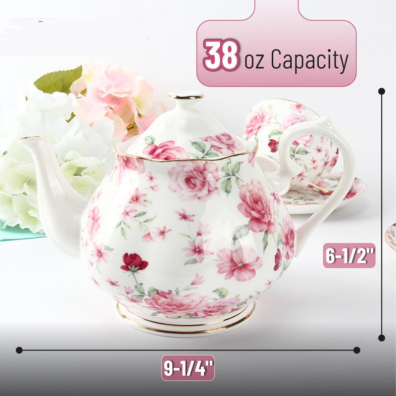 Brew To A Tea BTaT- Floral Tea Pot with Gift Box, 38 oz, White with Pink Roses & Gold Trim, Porcelain Teapot Ceramic, Dishwasher Safe, Christmas Gifts - Image 2