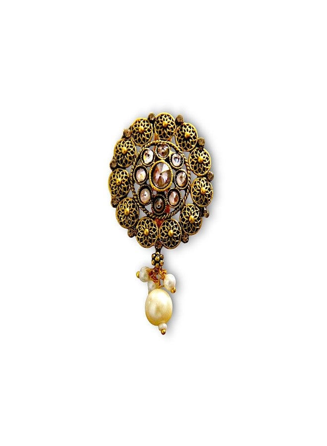 Accessher Gold Plated Traditional Semi Precious Stones Studded Antique Design Unisex Brooch/Saree Pin for Women and Girls Pack of 1 (Design 11) - Image 1