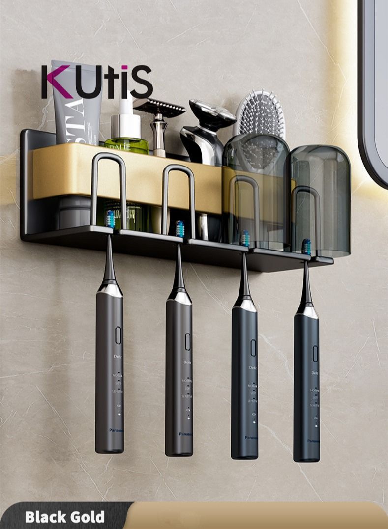 Kutis 1 Piece Bathroom Toothbrushes Toothpaste Placed Framework Wall Mounts Storage Rack Aluminum  Alloy Black/Gold 26 x 8 x 7.5 cm - Image 2