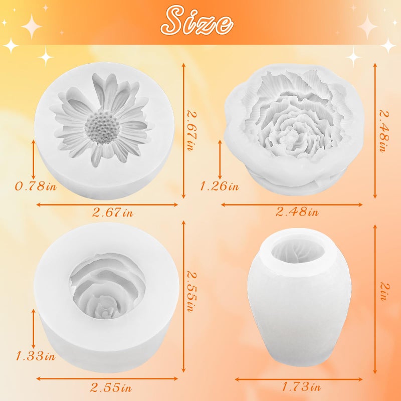 ZQYSING 4 Pcs Flower Silicone Molds Set, 3D Floral Silicone Molds Daisy, Peony, Rose, Tulips, Easy Release, Ideal for DIY Candles, Soap, Epoxy Resin Casting Mom Gifts - Image 3
