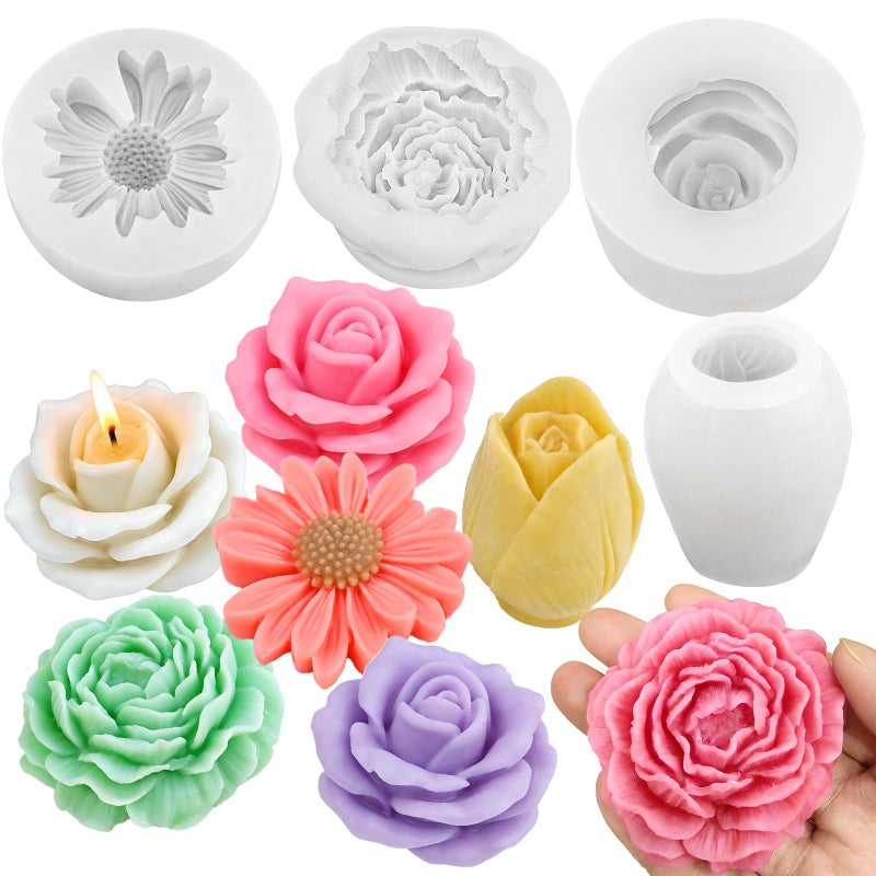 ZQYSING 4 Pcs Flower Silicone Molds Set, 3D Floral Silicone Molds Daisy, Peony, Rose, Tulips, Easy Release, Ideal for DIY Candles, Soap, Epoxy Resin Casting Mom Gifts - Image 1