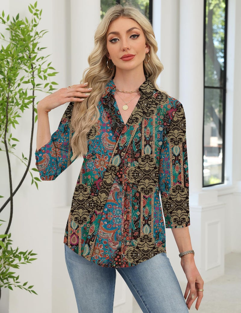 LOMON Womens Tops Dressy Casual V Neck Work Blouses 3/4 Sleeve Business Casual Shirt 2026 Spring Summer Office Clothes (Multicolor Floral,XXL) - Image 2