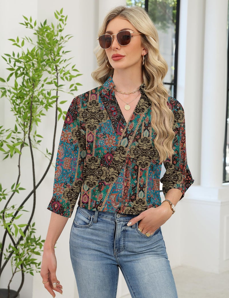 LOMON Womens Tops Dressy Casual V Neck Work Blouses 3/4 Sleeve Business Casual Shirt 2026 Spring Summer Office Clothes (Multicolor Floral,XXL) - Image 3