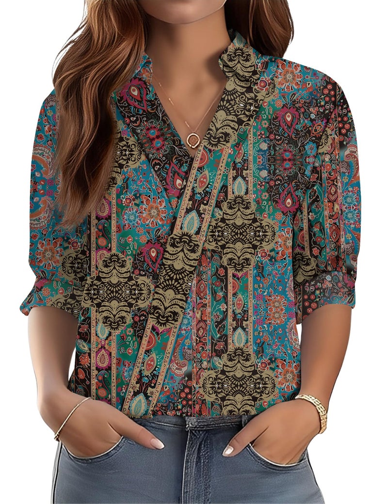 LOMON Womens Tops Dressy Casual V Neck Work Blouses 3/4 Sleeve Business Casual Shirt 2026 Spring Summer Office Clothes (Multicolor Floral,XXL) - Image 1